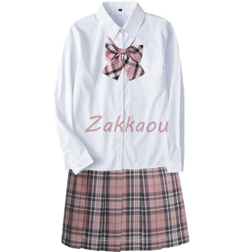 学生服 3点セット 制服 上下セット スクールシャツ 半袖/長袖 チェック ピンク リボン付き 女子制服 JK コスプレ 高校生 可愛い レディース