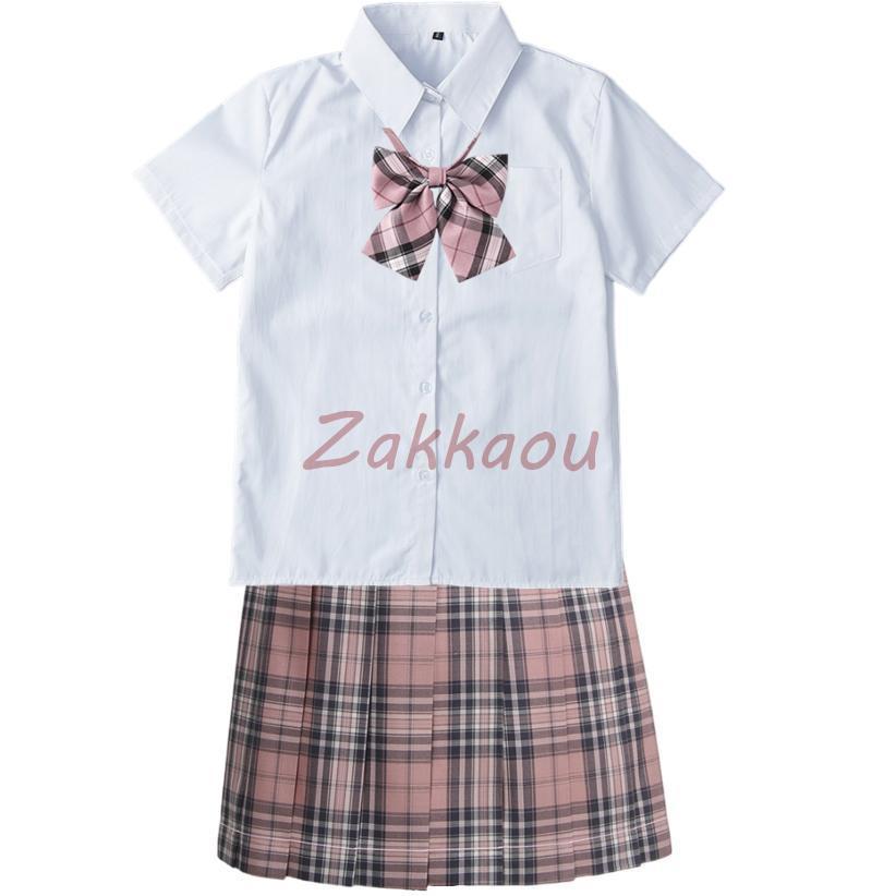 学生服 3点セット 制服 上下セット スクールシャツ 半袖/長袖 チェック ピンク リボン付き 女子制服 JK コスプレ 高校生 可愛い レディース - 画像 (2)