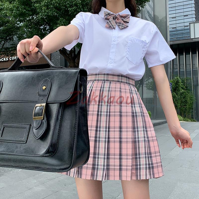 学生服 3点セット 制服 上下セット スクールシャツ 半袖/長袖 チェック ピンク リボン付き 女子制服 JK コスプレ 高校生 可愛い レディース - 画像 (6)