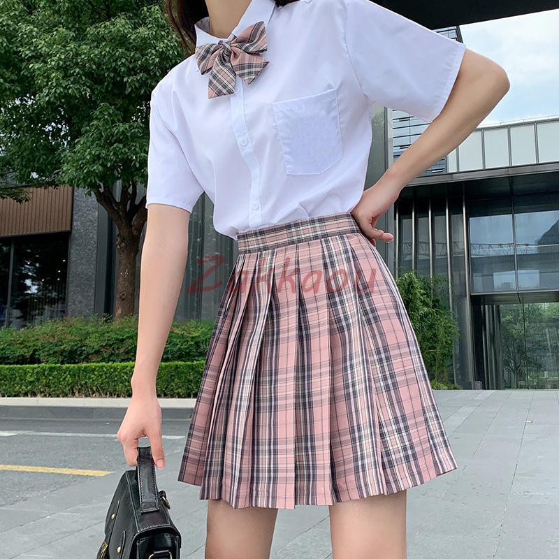 学生服 3点セット 制服 上下セット スクールシャツ 半袖/長袖 チェック ピンク リボン付き 女子制服 JK コスプレ 高校生 可愛い レディース - 画像 (8)