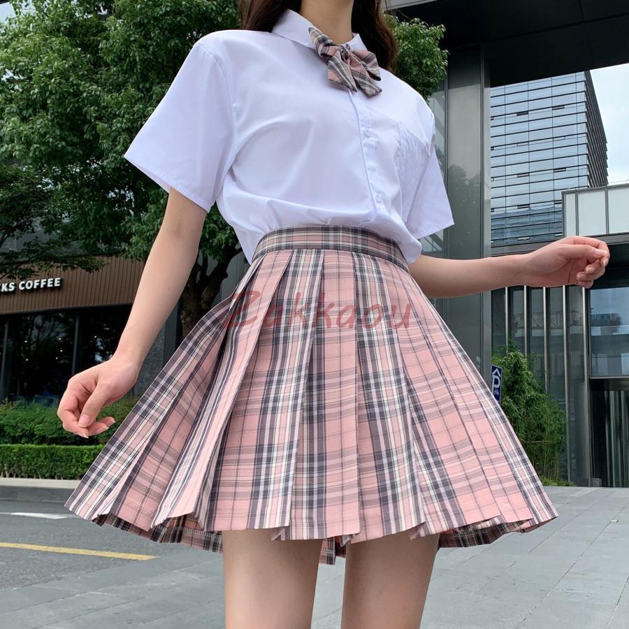 学生服 3点セット 制服 上下セット スクールシャツ 半袖/長袖 チェック ピンク リボン付き 女子制服 JK コスプレ 高校生 可愛い レディース - 画像 (9)